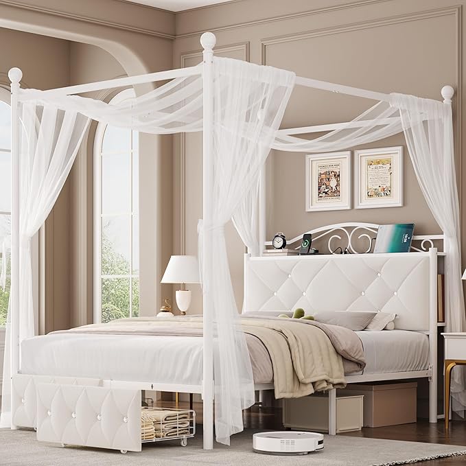 Queen Upholstered Canopy Bed Frame with 2 Drawers & Crystal Tufted Storage Headboard Metal Platform Bed with Charging Station & 4 Removable Posts No Box Spring Needed Curtain Not Included, Beige