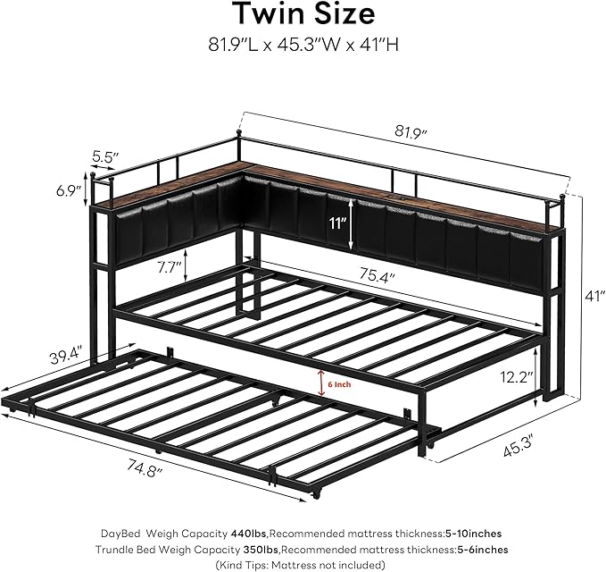 LIKIMIO Daybed with Trundle, Twin Corner Bed Fram with Bedside Storage,Sofa Day Bed for Living Room, Bedroom and Guest Room,Black