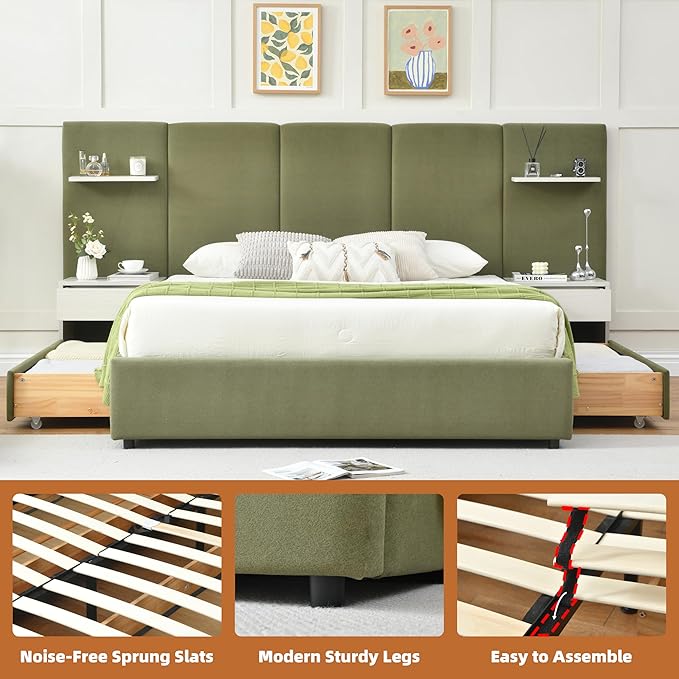 Queen Bed Frame with Storage & Built-in Nightstands, Velvet Upholstered Platform Bed Frame with Drawers & 2 Floating Storage Shelves, Noise-Free, No Box Spring Needed, Easy Assembly, Green