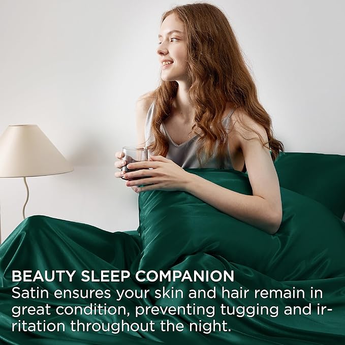 Bedsure Satin Sheets King Size - 4 Piece Silky Bedsheets with 15 Inches Deep Pocket Fitted Bedsheet,1 Flat Sheet, 2 Satin Pillowcases, Good for Hair & Skin (King, Dark Green)