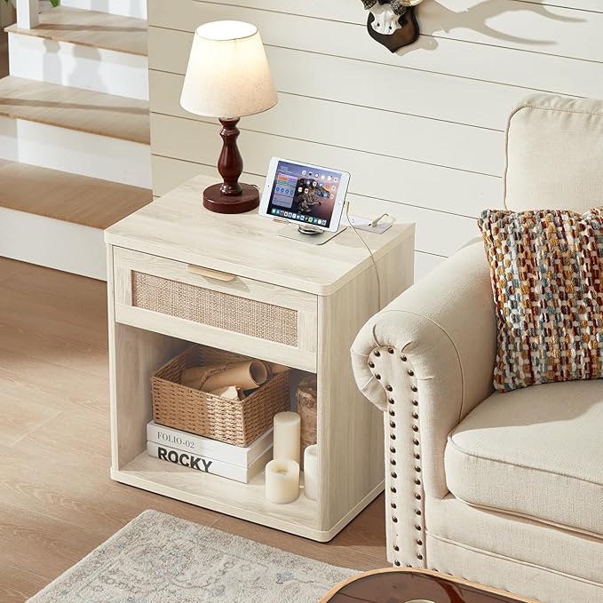 LEYAOYAO Rattan Dresser and Nightstand Sets 3 Piece, Boho Wood Dresser for Bedroom with 6 Drawers and Night Stand with Charging Station, Bedroom Furniture, Dressers & Chests of Drawers, Living Room