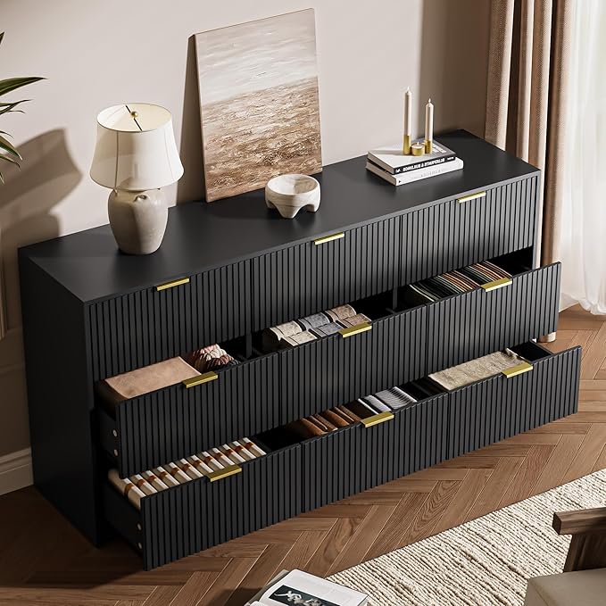 3-Piece Dresser Bedroom Set, 9 Drawer Dresser & 2 Drawer Nightstands with Gold Handles, Fluted Wood Chest of Drawers for Bedroom, Living Room, Entryway, Black