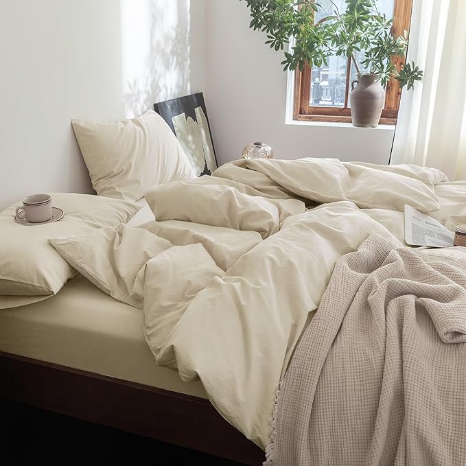 FOSSA Duvet Cover Set 100% Washed Cotton Linen Feel Super Soft Breathable Cozy 3 Pieces Bedding Sets Solid Almond Grey Super Queen