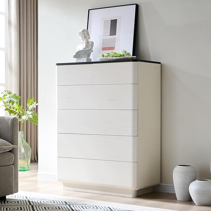 ACCOHOHO 6 Drawer Dresser for Bedroom, 42 Inch Tall Modern Chest of Drawers, Push-to-Open Wood Storgae Organizer with Large Drawers for Bedroom, Living Room, Hallway,Off White