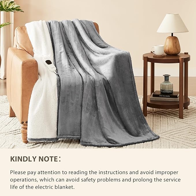 Homemate Electric Heated Blanket Full Size - 72"x84" Heating Blanket Full Size 1/2/4/6/8 Hours Auto-Off 10 Heat Level Over-Heat Protection Flannel Sherpa ETL Certification