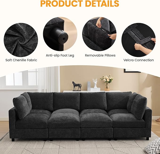 116'' Modular Sectional Cloud Sofa Bed, 8-Seater Convertible Sofa Couch with Ottoman, Modern Deep Seat Sleeper Sofa for Living Room, Chenille Dark Grey