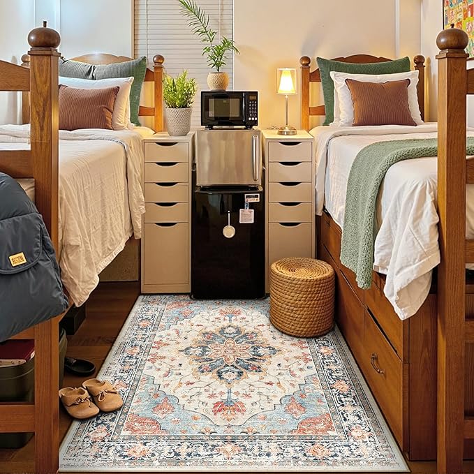 Area Rugs 4'x6' Washable Non-Slip, Floral Vintage Distress Print Pattern Medallion Carpet for Living Room Bedroom Dining Room, Beige Navy Blue Orange Colorful