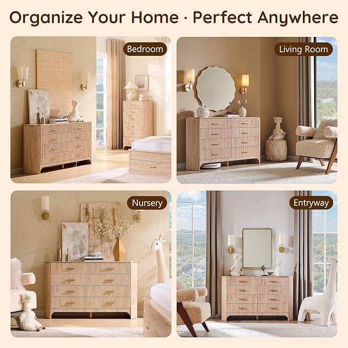 Fluted 8 Drawer Dresser for Bedroom with Curved Profile, Reeded Front Panels, 53.9” Wide Chest of Drawers Storage Cabinet with Smooth-Glide Drawers for Living Room, Light Oak