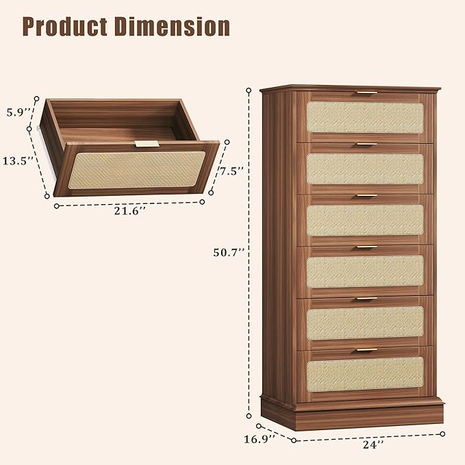 6 Drawer Dresser for Bedroom, 50 Inch Tall Dressers & Rattan Chest of Drawers, Mid Century Style, Wood Modern Dressers Organizer for Bedroom, Living Room, Hallway, Entryway, Walnut