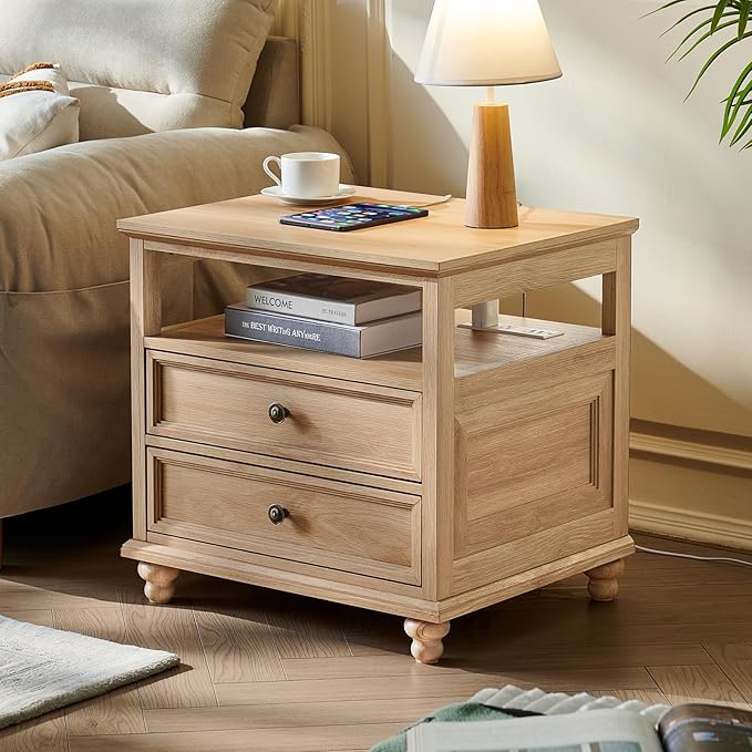 Farmhouse Nightstand with Charging Station, 24" Wide End Table with 2 Drawers, Natural Dresser for Bedroom, Bed Side Table Chest of Drawers Cabinet,Wood Night Stand for Living Room, Closet