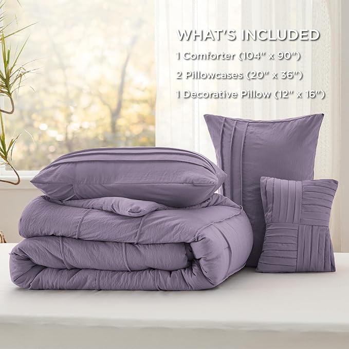 Bedsure Purple King Size Comforter Set - 4 Pieces Pinch Pleat Bed Set, Down Alternative Bedding Sets for All Season, 1 Comforter, 2 Pillowcases, 1 Decorative Pillow