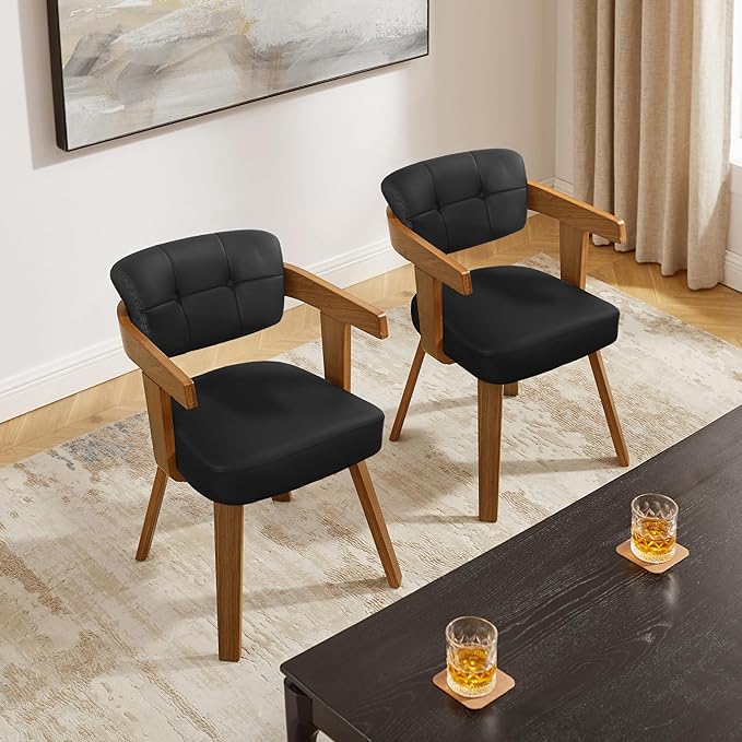 Art Leon Mid Century Dining Chairs - Set of 2 Faux Leather Upholstered Dining Chairs, Modern Swivel Dining Room Chairs Comfy Desk Chair No Wheels Accent Arm Chair for Kitchen Living Room Study, Black