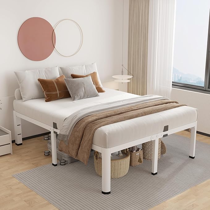 ROIL 14 Inch White California King Bed Frame with Rounded Corner and Headboard Hole Mattress Retainers, 3500LBS Heavy Duty Steel Slats No Box Spring Needed Platform Noise-Free Easy Assembly