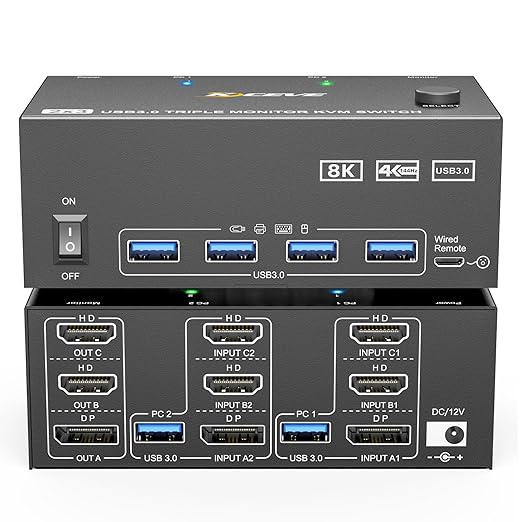 KVM Switch 3 Monitors 2 Computers 8K@60Hz/4K@144Hz, HDMI Displayport KVM Switches for 2 PC Sharing Triple Monitor and Keyboard Mouse with Power Adapter, Wired Extend Controller and USB3.0 Cables