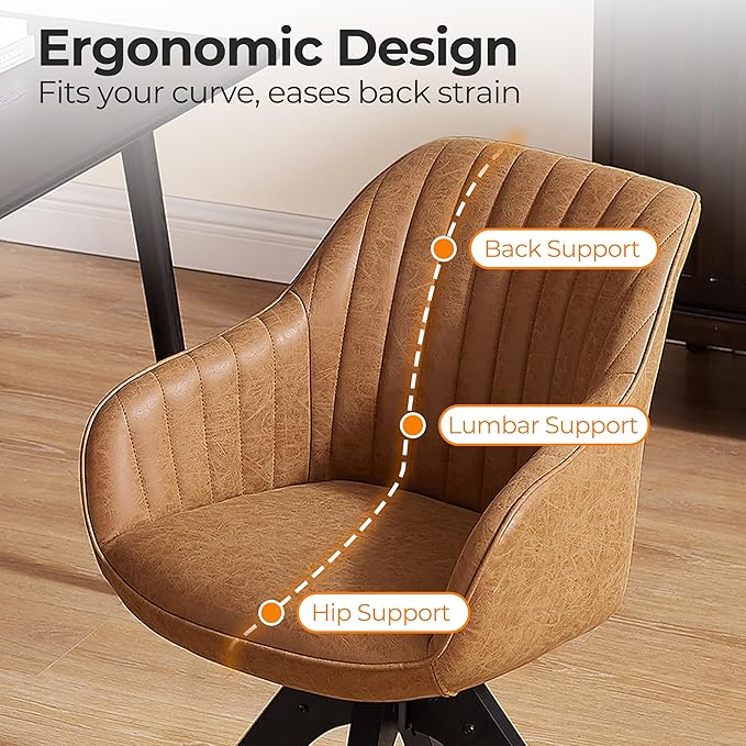 Zouron Mid Century Modern Accent Chair with Black Oak Wood Legs, Upholstered Swivel Chair No Wheels, Side Accent Armchair Vanity Chair for Small Space Home Office Living Room Bedroom, Brown