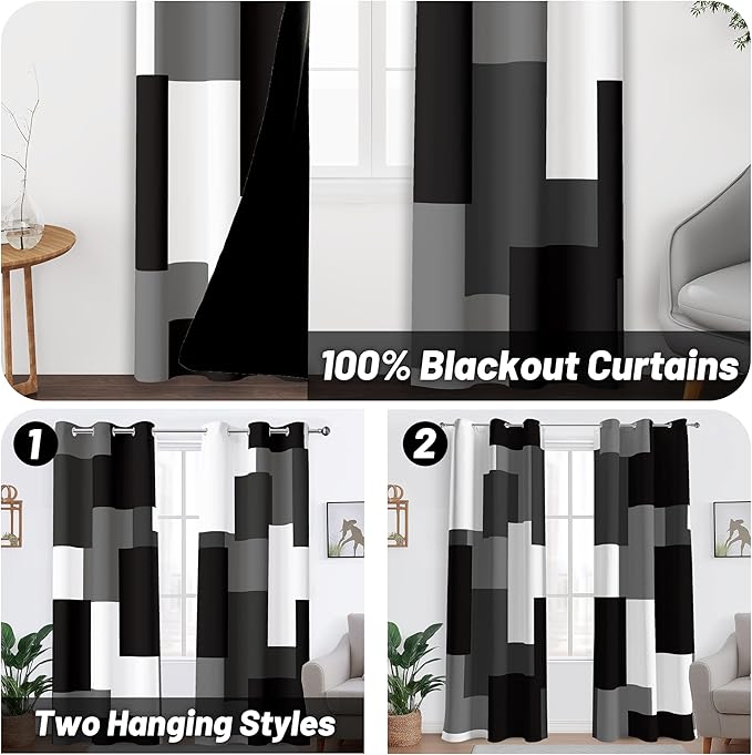 Black Grey 100% Blackout Curtains for Bedroom 63 inch Length 2 Panels Set White Grey Modern Abstract Geometric Black Out Curtains Insulated Room Darkening Window Drapes for Living Room, 42Wx63L
