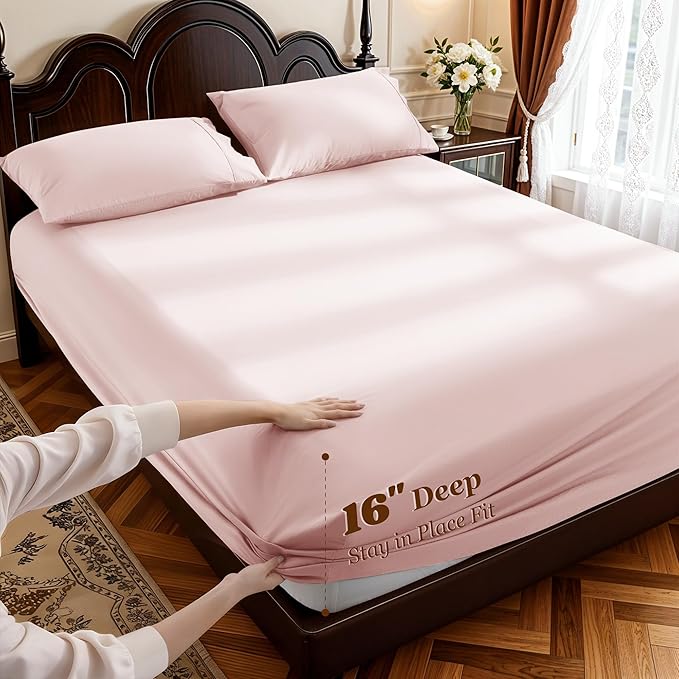 LBRO2M 1000 Thread Count 100% Egyptian Cotton Sheets Set Full Size, 4 Piece Sets Deep Pocket Sheet Set 16" Soft Comfortable All Season (Full, Pink)