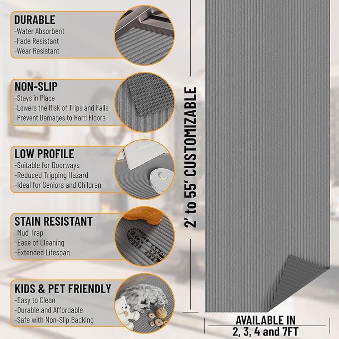 Ottomanson 2'7" x 14' Hallway Runner with Scraper Pile - Extra Durable Non-Slip Rug Mat for Indoor & Outdoor Use - Ideal for Kitchen, Entryway & Garage - High-Traffic Carpet, Gray