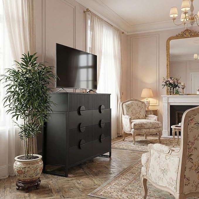 LGHM Fluted Dresser for Bedroom with 8 Drawers, Modern 8 Drawers Dressers with Semi-Cylindrical, Chest of Drawers Closet Organizers and Storage Clothes, 43" Tall Dresser with Bold Steel Frame, Black