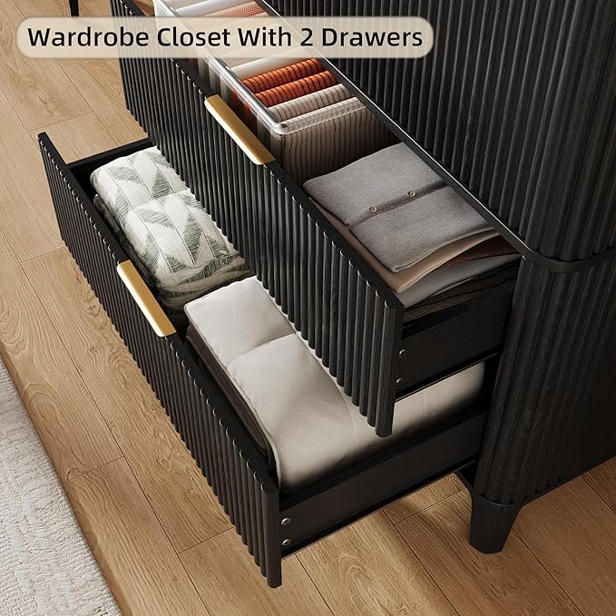 70.1" Arched Wooden Armoire Wardrobe Closet with 2 Doors and 2 Drawers, Fluted Bedroom Armoire with Hanging Rod Shelf, Clothing Storage Cabinet, Wardrobe Armoire Closet Cabinet for Bedroom