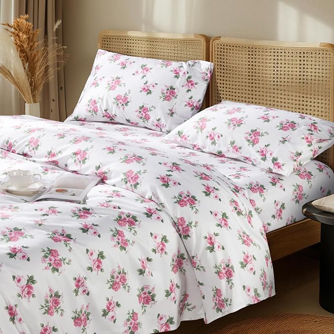 LBRO2M 1000 Thread Count Sheets 100% Egyptian Cotton Bedding Set Floral King Size 16 Inches Deep Pocket Bedding 4 Piece Sets (King, Peony)