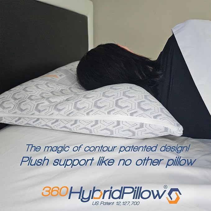 360 Hybrid Pillow® – Cervical Neck Pillow for Pain Relief | Ergonomic & Adjustable for Back, Side, Stomach Sleepers, Contoured Neck Roll, Shoulder Loft, Queen Size 29"x19", Patented Orthopedic Comfort