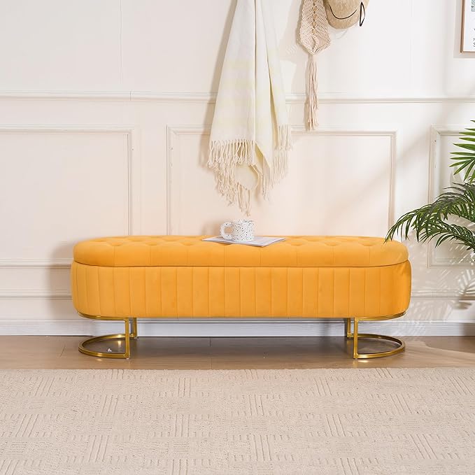 Velvet Storage Bench for Bedroom, Modern Tufted End of Bed Bench for King Size Bed, Upholstered Long Ottoman Bench with Gold Legs for Living Room/Entryway (Mustard Yellow, 55" W)