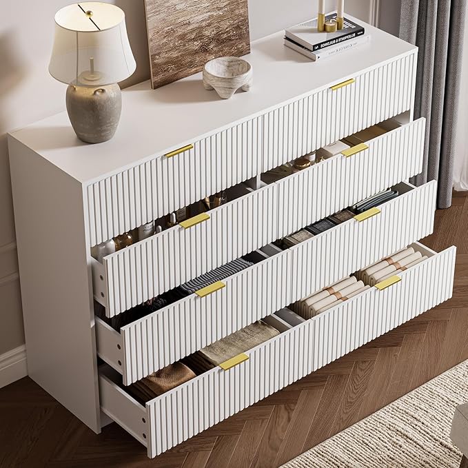 3-Piece Dresser Bedroom Set, 8 Drawer Dresser & 2 Drawer Nightstands with Gold Handles, Fluted Wood Chest of Drawers for Bedroom, Living Room, Entryway, White