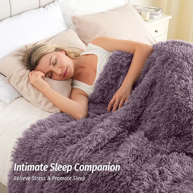 Wemore Shaggy Long Fur Faux Fur Weighted Blanket, Cozy and Fluffy Plush Sherpa Long Hair Blanket for Adult 20lbs, Fluffy Fuzzy Sherpa Reverse Heavy Blanket for Bed, Couch, Pink Purple, 60 x 80 Inches