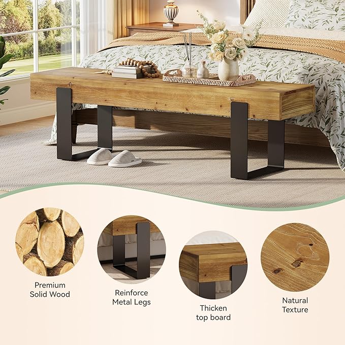 Solid Wooden Bed Bench, 63" Entryway Bench for Indoor Space, Farmhouse End of Bedroom Seat, Long Dining Seat for Dining Room, Entry, Mudroom