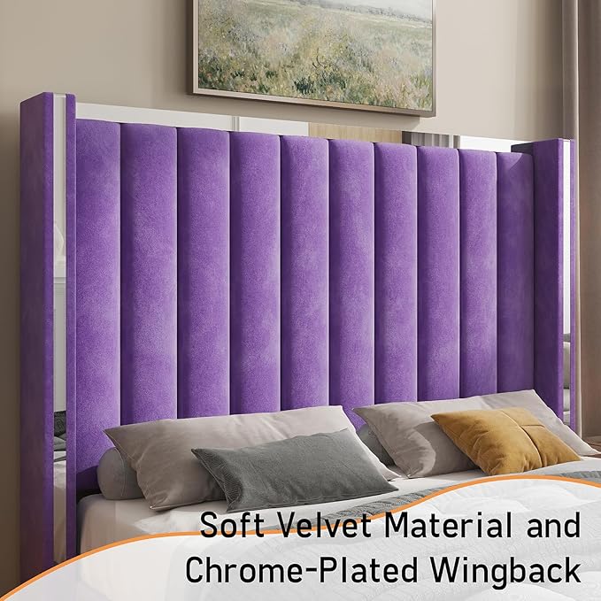 Jocisland King Size Bed Frame with 58" Tall Headboard, Velvet Upholstered Platform Bed with Channel Tufted Wingback Headboard and Plating Trim, No Box Spring Needed, Purple
