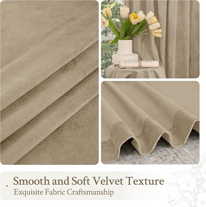 LAMIT Velvet Curtains 96 Inch for Living Room, Taupe Thermal Room Darkening Drapes for Bedroom Super Soft Elegant Back Tab and Rod Pocket Panels for Sliding Glass Door, 2 Panels, 52 x 96 Inch