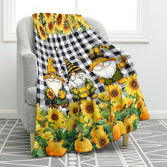 Jekeno Christmas Gnomes Sunflower Blanket Dwarf Floral Gifts for Women Men Boys Girls Dad Mom Husband Wife Friends Birthday Home Bedroom Room Decor Flower Blanket 60"x80"