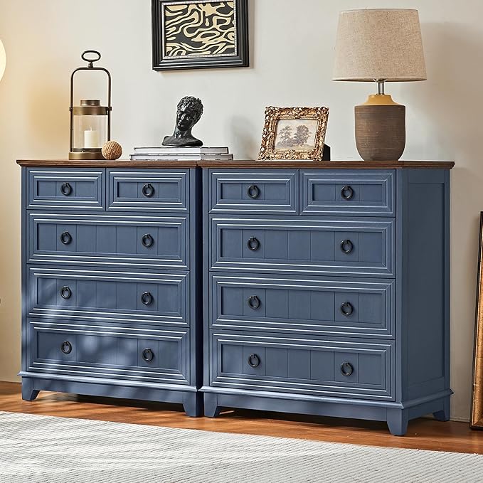 Farmhouse 5 Drawer Dresser for Bedroom Set of 2, 33.2" Tall Small Dressers & Chest of Drawers, Rustic Wood Dresser with Metal Handle, Storage Organizer Closet for Living Room, Hallway,Entryway