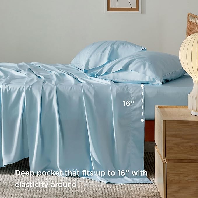 Bedsure Full Size Bed Sheets, Cooling Sheets, Rayon Derived from Bamboo, Breathable & Soft, Deep Pocket Up to 16 Inches, Hotel Luxury Silky Bedding for Hot Sleepers, Aqua