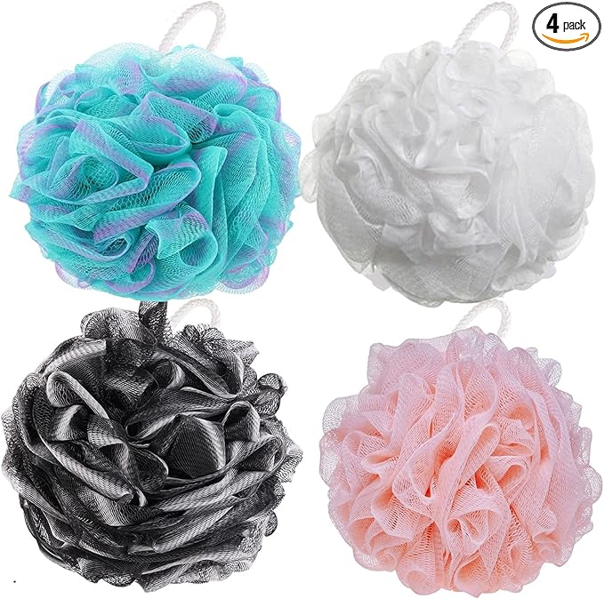 BTYMS 4 Pieces Shower Loofahs Bath Sponges 60g/pcs Mesh Puffs Body Scrub Luffas Bath Scrunchies for Shower Exfoliate