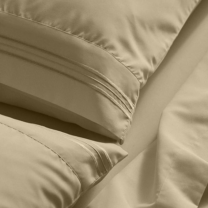 Mellanni Full Sheet Set - 6-Piece Iconic Collection Bedding, (Including 4 Pillowcases), 21-Inch Extra Deep Pocket, Easy Care, Ultra Soft, Cooling Sheets, Brushed Microfiber - New Beige