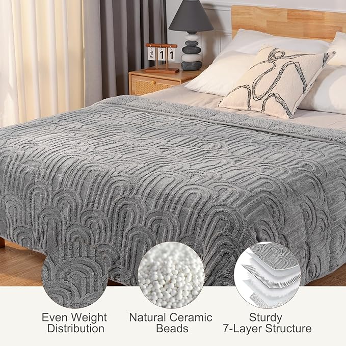 Sherpa Fleece Adult Weighted Blanket Great for Sleep, 15 lbs Dual Sided Soft Fuzzy Heavy Blankets for Couch Bed Sofa, Cozy Warm Fluffy Arched Jacquard Throw for Winter (Grey, 60" x 80", 15 Pounds)