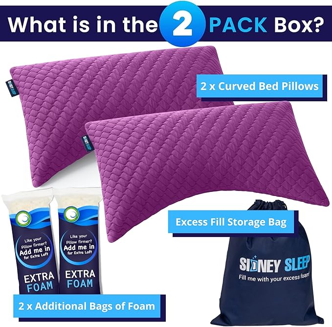 Sidney Sleep Set of 2 Queen Size Adjustable Bed Pillows for Side and Back Sleepers - Memory Foam Pillows for Neck and Shoulder Support - Customizable Loft - Extra Foam Included (Magenta)