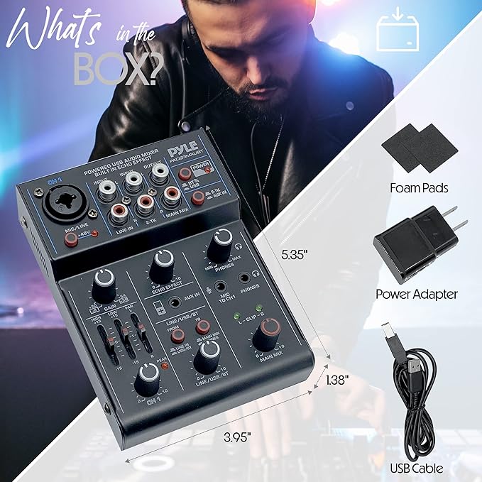 Pyle 3-Channel Professional Wireless DJ Audio Mixer - Bluetooth 5.0 - USB Interface - XLR+6.35mm Mic/Line/Guitar Input - 3.5mm Mic Input - RCA - AUX - Headphone Jack - +48V Phantom Power - PAD33MXUBT