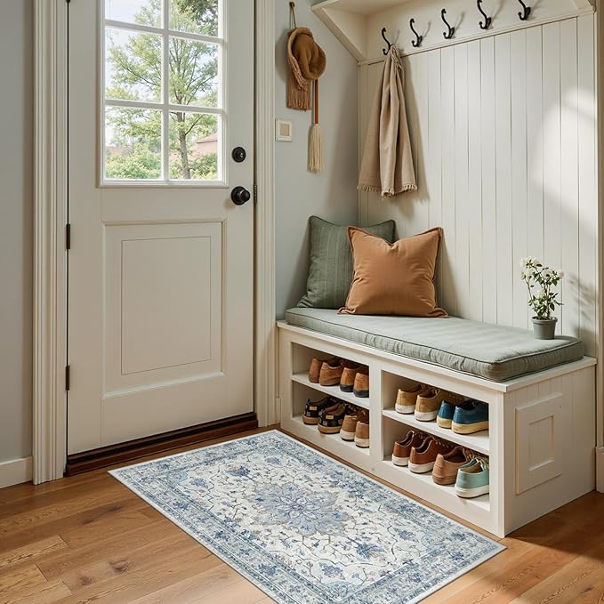 Area Rugs 2'x4' Washable Non-Slip, Floral Vintage Distress Print Pattern Medallion Carpet for Living Room Bedroom Dining Room, Light Blue Navy Beige Gray White