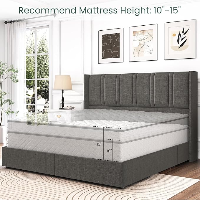 LARMACE Bed Frame Queen Size with Storage Drawers and Wingback Headboard, Linen Upholstered Platform Bed Frame with Wooden Slats, Easy Assembly, Light Grey