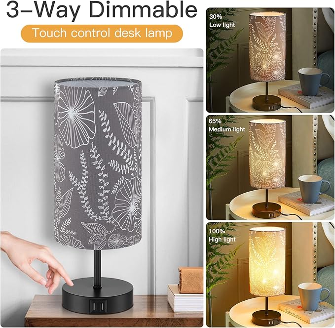 Bedside Table Lamp with 2 USB Ports, Modern Touch Control Desk Lamp with Round Flower Flaxen Fabric Shade, 3 Way Dimmable Small Nightstand Lamp for Bedrooms Living Room Dorm Gray Decor(Bulb Included)