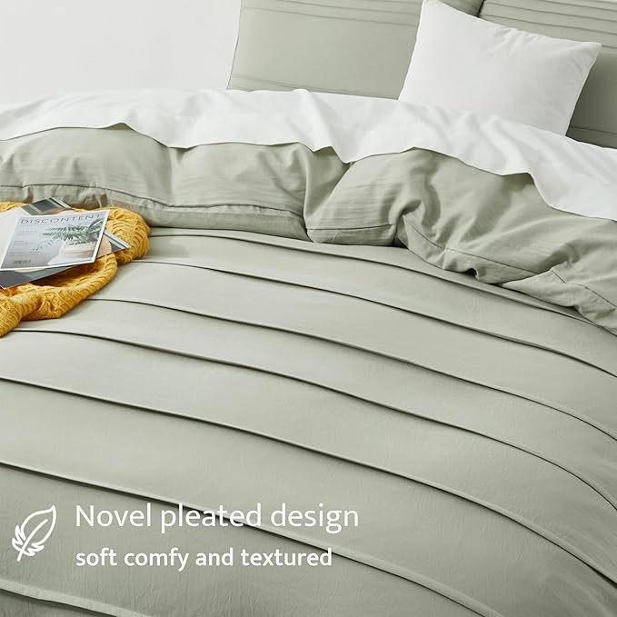 Oli Anderson Mist Sage Duvet Cover Queen Size - Pleated Queen Duvet Cover, 3PCS Soft and Breathable Textured Bedding Set with Zipper Closure(Mist Sage,90"x90")