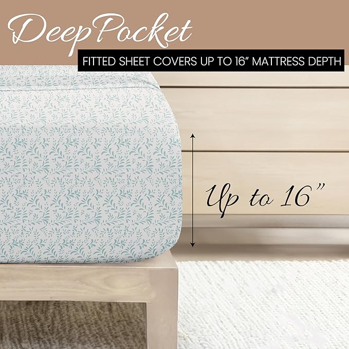 Linen Market Double-Brushed Patterned Microfiber Twin Sheet Set 3 Piece – Oeko-TEX Certified Ultra Soft & Wrinkle-Free - 16" Deep Pocket Sheets - Easy Care Twin Size - Burst of Vines Light Blue