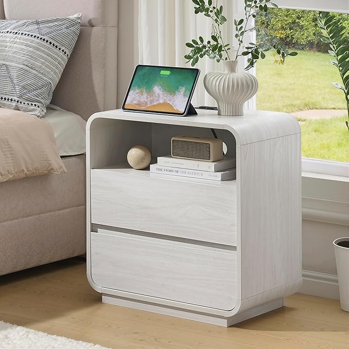 White Nightstand Set of 2 with Charging Station, 23.2" Wide Wood Bedside Table, Modern End Table with 2 Storage Drawers, Curved Profile, Handleless, Mid Century Night Stand for Bedroom