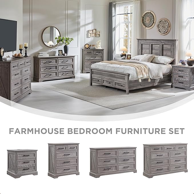 ACCOHOHO Farmhouse Nightstand with Charging Station, 22 Inch Wide End Table with 3 Large Drawers & Bar Handles, Rustic Wood Small Dresser Chest of Drawers for Bedroom, Living Room, Closet, Grey