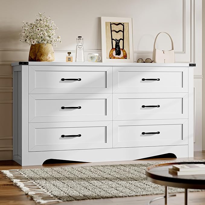 6-Drawer Dresser for Bedroom, Modern Wooden Chest of Drawers with Metal Handles, Anti-Tipping Design, Sturdy and Stable Storage Organizer for Living Room, Entryway, Home Office