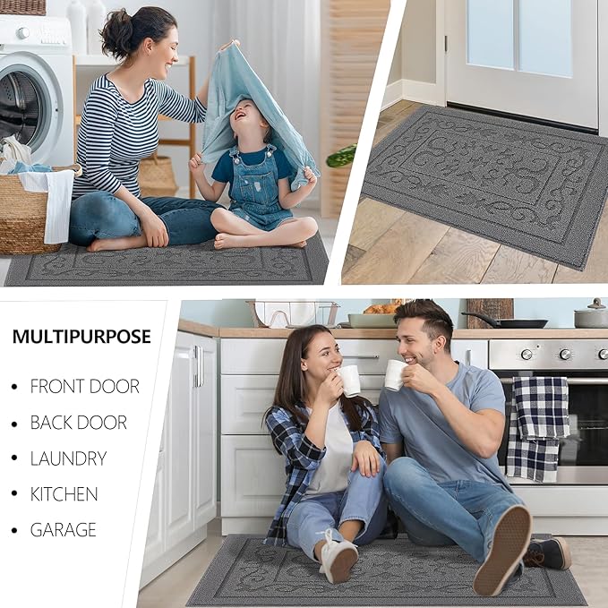 FONEYI Indoor Door Mat, Front Back Door Mat 20" x 32" Non-Slip Rubber Backing Door Rug, Machine Washable Entry Rug, Low Profile Absorbent Dirt Trapper Doormat Inside Floor Mats for Entryway, Grey