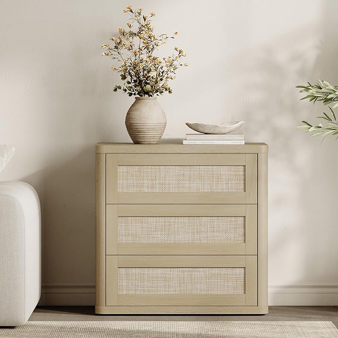 SICOTAS Rattan Night Stand Set of 2, Oversized 3-Drawer Nightstand, Large Bedside Table Boho End Table Storage Cabinet with Kid-Safe Rounded Edges & Push-Close Design for Bedroom Guest Room, Sand Oak